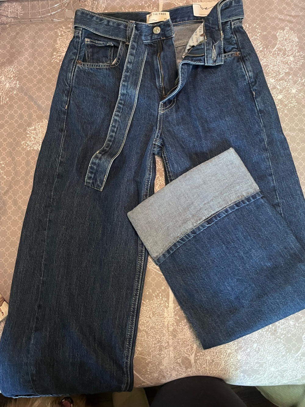 We The Free East Bay Cuffed Dark Blue Wide Leg Denim Jeans with Tie Belt